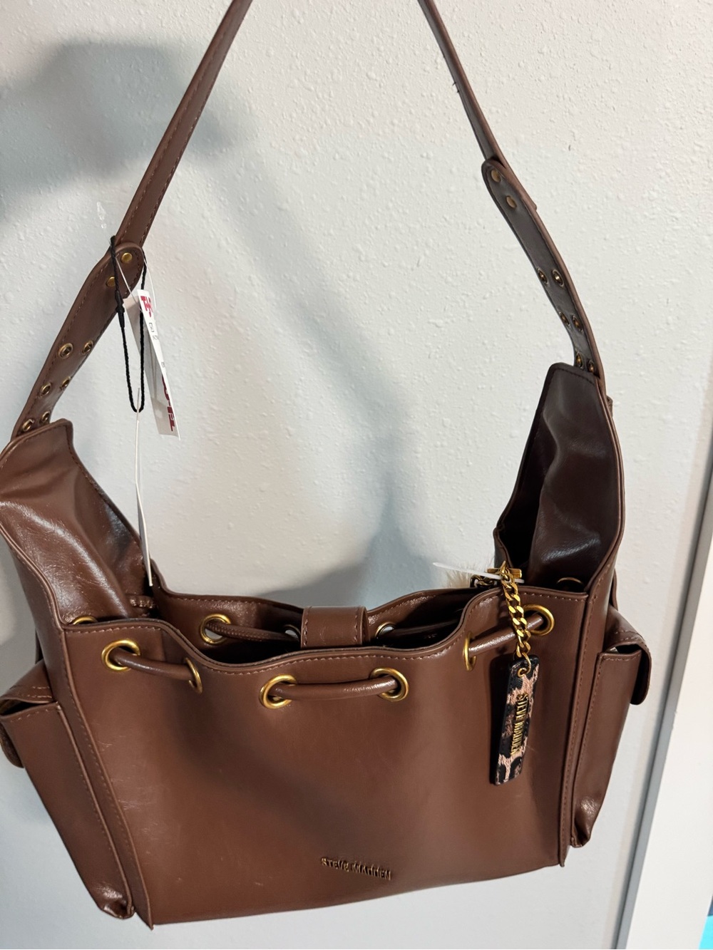 Steve Madden Brown Faux Leather Shoulder Tote with Gold Hardware